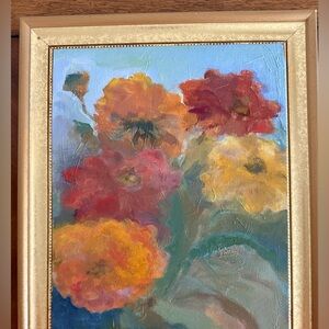 Vibrant Zinnia Art Painting original oil 9x12in ( gold frame optional )